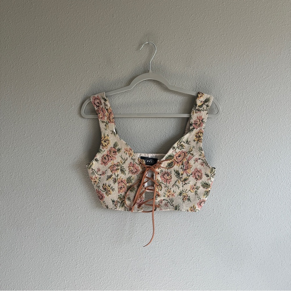 Cider Beige and Pink Floral Woven Corset Crop Top Small
